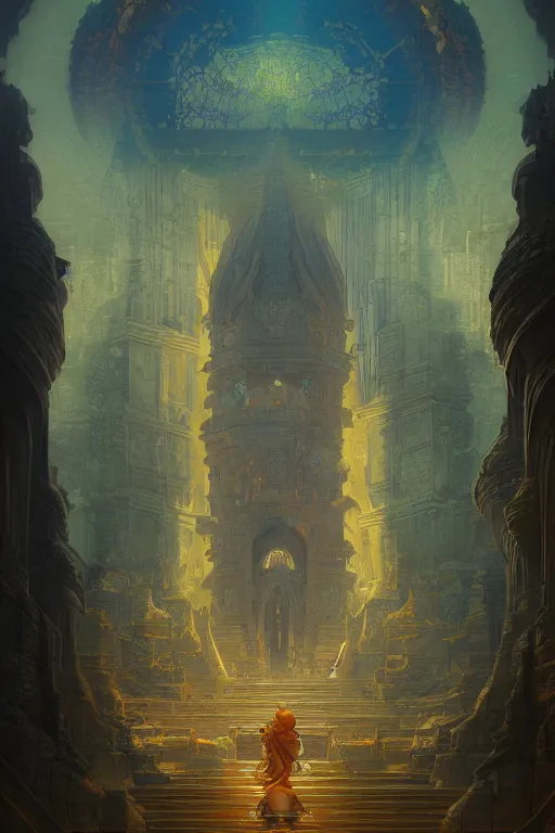 Image similar to the last temple of the shadow monk, coherent design, symmetrical, concept art, trending on artstation, vivid color, complementary color, golden ratio, detailed, sharp lines, intricate, rainbowshift, peter mohrbacher, gustave dore, maxfield parrish, alphonse mucha, deviantart, octane render