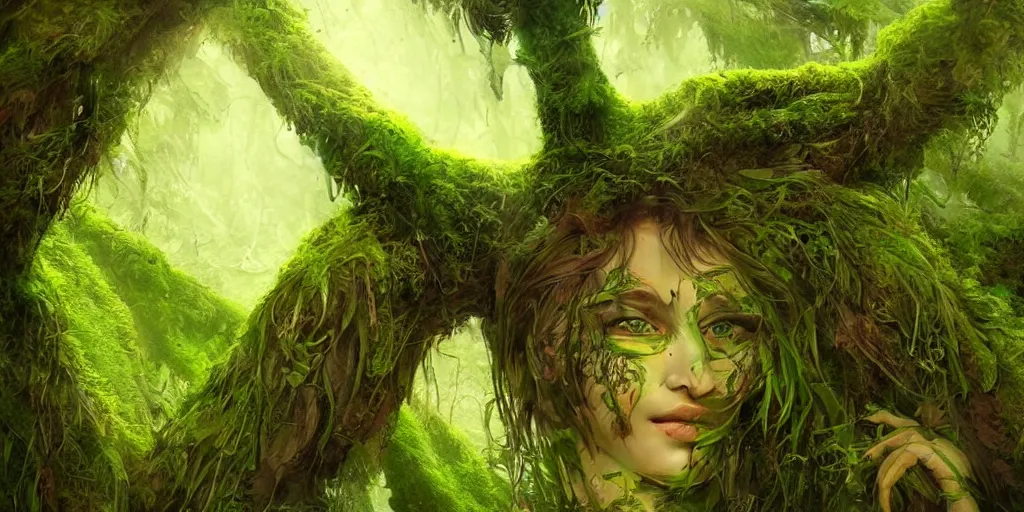 Prompt: a beautiful spirit of the forest, its body is shaped liked a human but made of moss and leaves, concept art illustration, vibrant, epic!