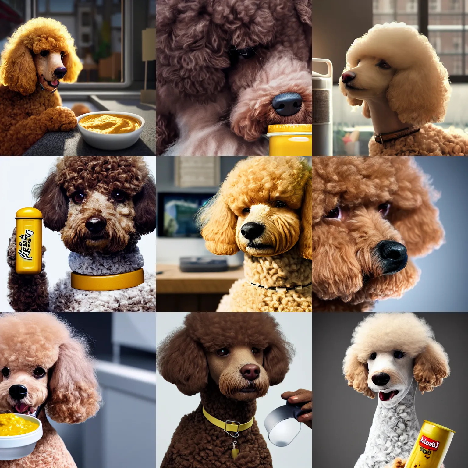 Prompt: a closeup photorealistic photograph of a poodle listening to talk radio and eating from a jar of mustard. This 4K HD image is Trending on Artstation, featured on Behance, well-rendered, extra crisp, features intricate detail and the style of Unreal Engine.