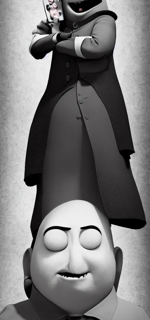 Image similar to phone wallpaper of a photo portrait of gru from despicable me posing, black and white photo