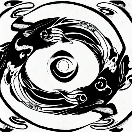 Prompt: 2 koi fish, yin yang, black white, by Android Jones