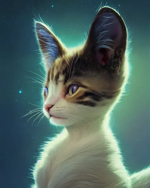 Prompt: highly detailed surreal vfx portrait of a majestic kitten, stephen bliss, unreal engine, greg rutkowski, loish, rhads, beeple, makoto shinkai and lois van baarle, ilya kuvshinov, rossdraws, tom bagshaw, alphonse mucha, global illumination, detailed and intricate environment