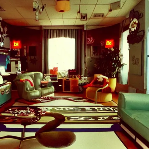 Image similar to 1990s Hi-8 footage of a nostalgic room decorated in Pop culture from the 1990s, nostalgic, vintage