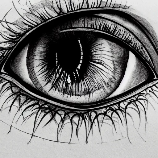 Image similar to highly detailed ink sketch of a human eye heavy black high contrast anatomical detail black and white