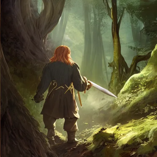 Image similar to A beautiful digital painting of a 30 year old hobbit dressed as a hobbit in the mirkwood forrest holding sting the sword looking at the camera by Stanley Artgerm Lau, frank frazetta, Rossdraws, James Jean, gerald brom, Andrei Riabovitchev, Marc Simonetti, and Sakimichan, trending on artstation, SFW version