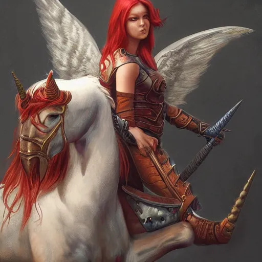 Prompt: girl with an unicorn horn and red wings, armor, dressed, ultrarrealistic, high detail, digital art, trending on artstation, style ted nasmith