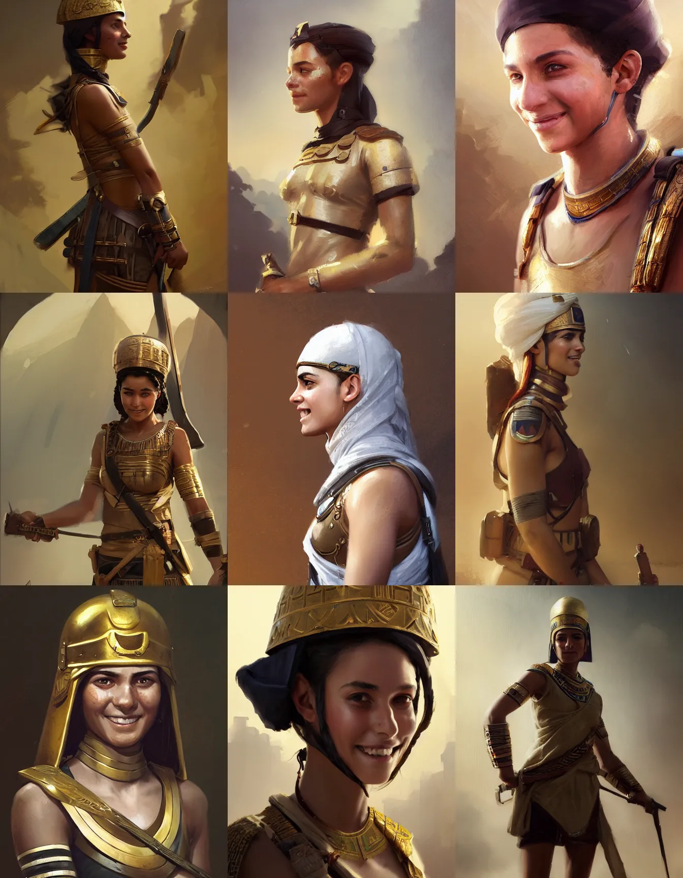 Prompt: young female ancient egyptian soldier, smiling, digital portrait by greg rutkowski, intricate, soft focus, highly detailed, cinematic, epic, artstation