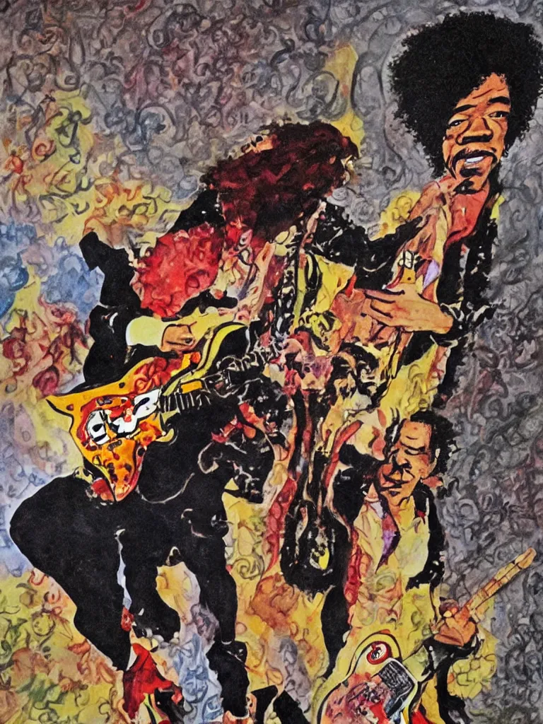 Image similar to a hilarious caricature painting of Jimi Hendrix by Sebastian Kluger