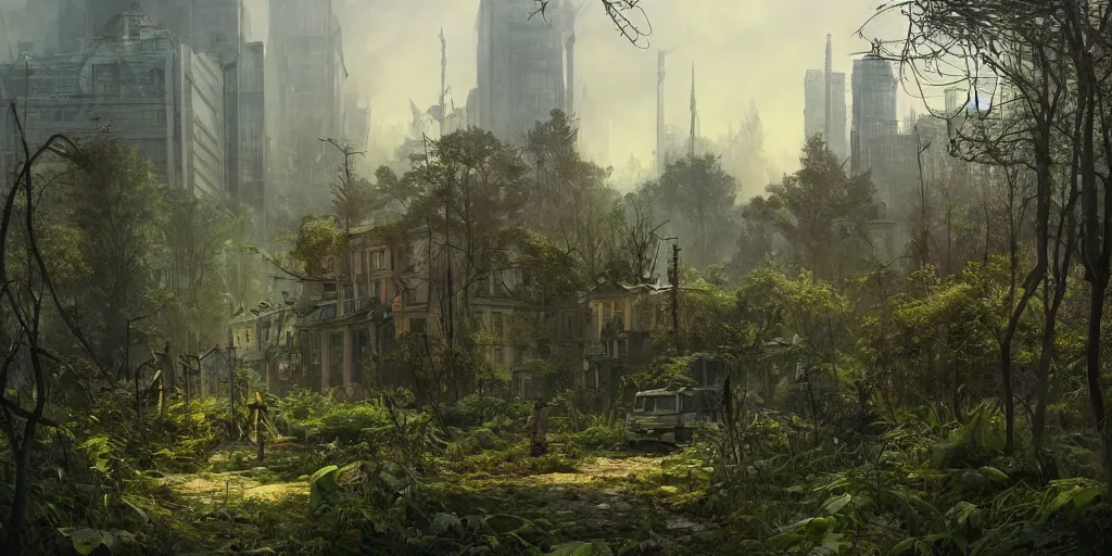 Image similar to postapocalyptic city of warsaw, poland overgrown with vegetation, plantlife and wildlife. fantasy art by greg rutkowski, gustave courbet, rosa bonheur, edward hopper. faithfully depicted architecture, realistic, sharp focus, global illumination, radiant light, detailed and intricate environment, trending on artstation