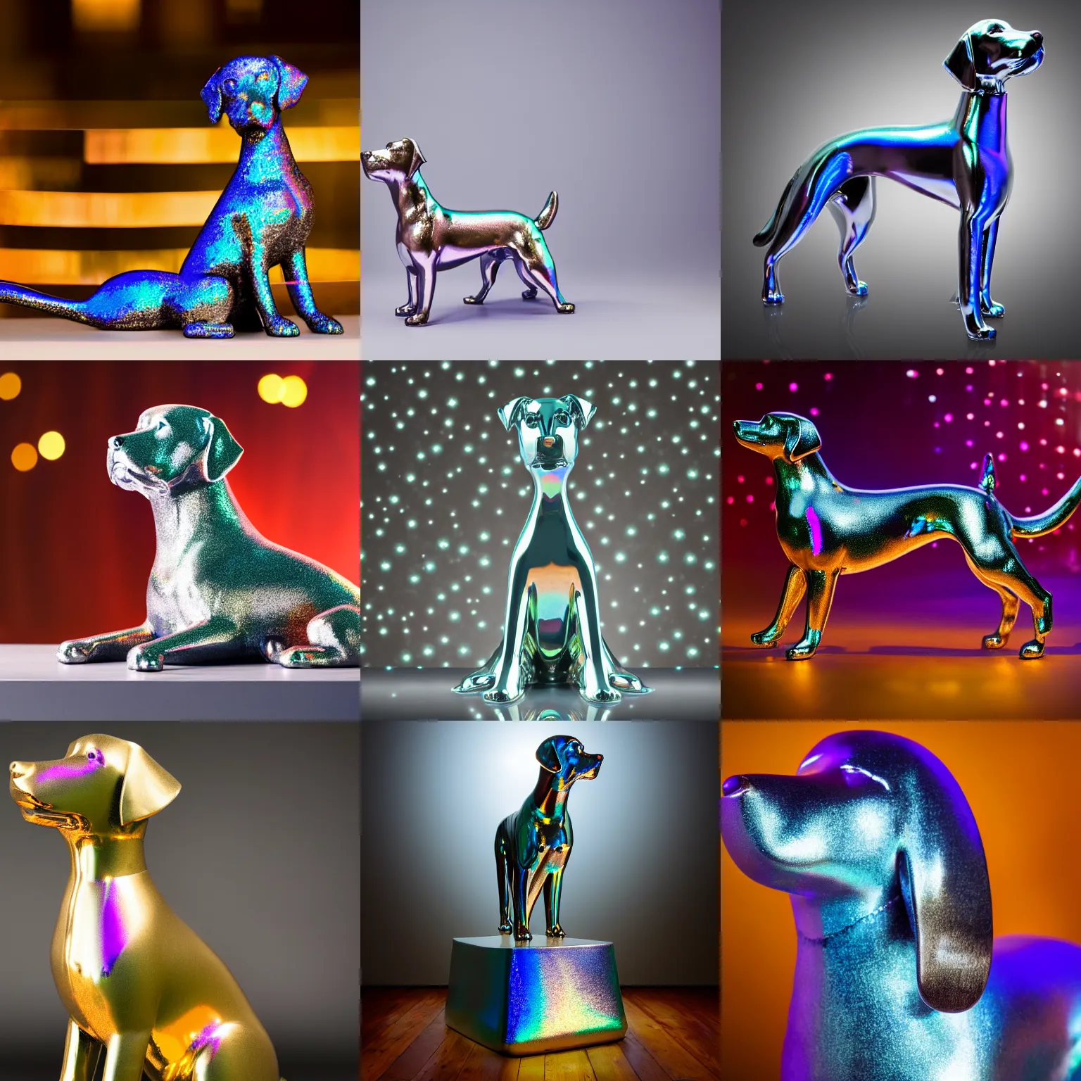 Prompt: Stunning Professional photograph of a reflective, iridescent metal dog statue, studio lighting, bokeh, 8K