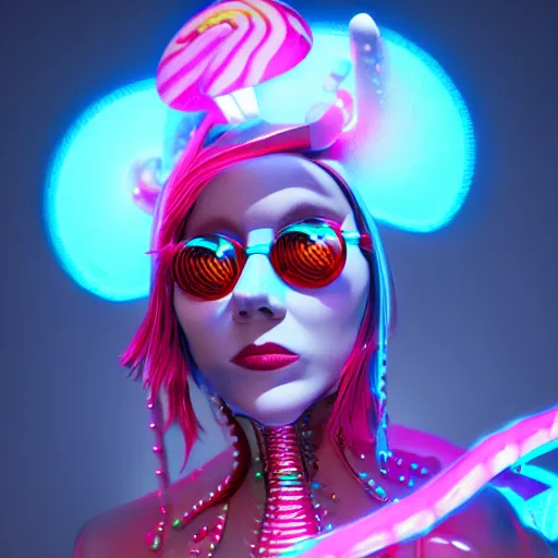 Image similar to candypunk sorcerer, character design, high quality digital art, render, octane, redshift, volumetric lighting, oled