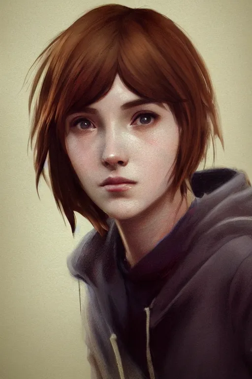 Image similar to detailed concept art portrait of max caulfield from life is strange, youth, cute, on a depth of field background, artstation, award - winning realistic sci - fi concept art by jim burns and greg rutkowski, beksinski, a realism masterpiece, expressive color palette, james gilleard, bruegel, alphonse mucha, and yoshitaka amano