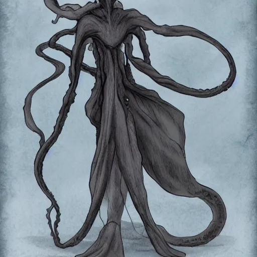 Image similar to concept designs for an ethereal ghostly wraith like figure with a squid like parasite latched onto its head and long tentacle arms that flow lazily but gracefully at its sides like a cloak while it floats around a frozen rocky tundra in the snow searching for lost souls and that hides amongst the shadows in the trees, this character has hydrokinesis and electrokinesis for the resident evil village video game franchise with inspiration from the franchise Bloodborne and the mind flayer from stranger things on netflix in the style of a marvel comic