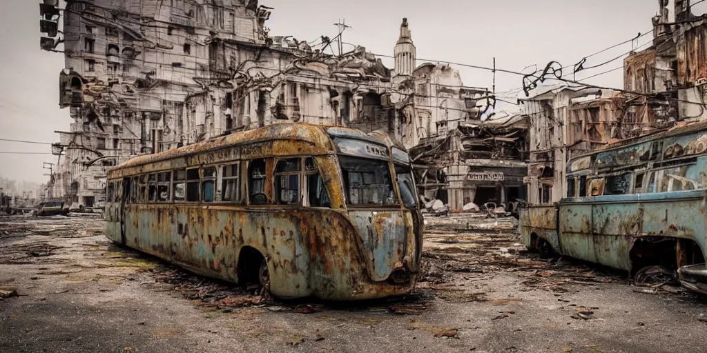 Image similar to low wide angle shot of dilapidated fallout 5 europa, retro futuristic euro cityscapes, desolate, dilapidated neon signs, few rusted retro futuristic vintage parked vehicles like cars, buses, trucks, trams, volumetric lighting, photorealistic, fog, daytime, spring, rainy weather, sharp focus, ultra detailed, 4 0 0 0 k