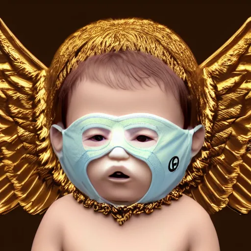 Image similar to a high tech 3 d rendering of a a baby cherub angel wearing a balaclava face mask, ski mask, face covered, gucci, chanel, covered face, fixed eyes, tattoos, multiple gold cuban chain necklace, graffiti in background octane render, blender