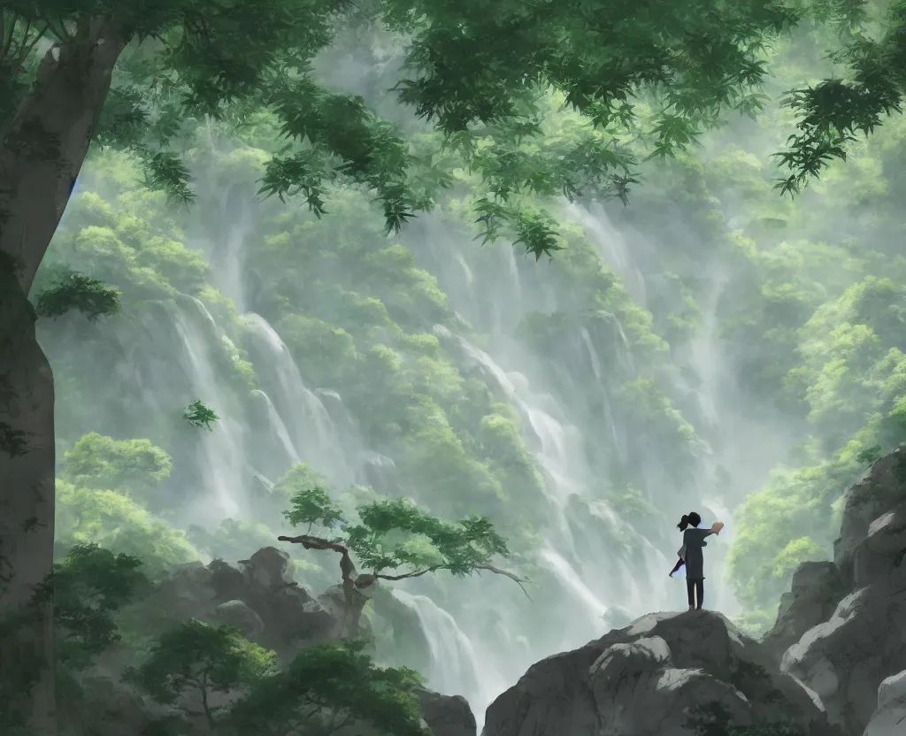 Image similar to two figures grappling in a misty japanese bamboo forest, cell shaded, huge waterfall, large rocky mountain, drawing, stylized anime, sun rays, soft, by hayao miyazaki, ghibli studio, makoto shinkai, toei animation, studio trigger, trending on artstation, 4 k, hd