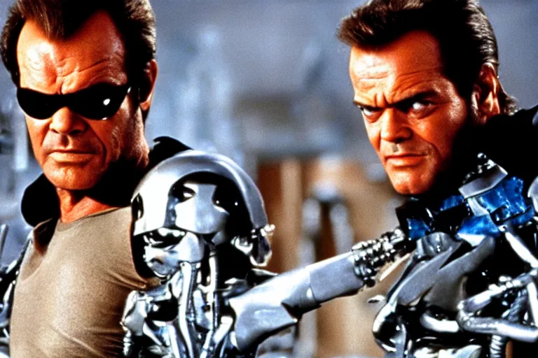 Image similar to Jack Nicholson plays Terminator, epic action scene where his endoskeleton gets exposed, still from the film, cinematic, 80s