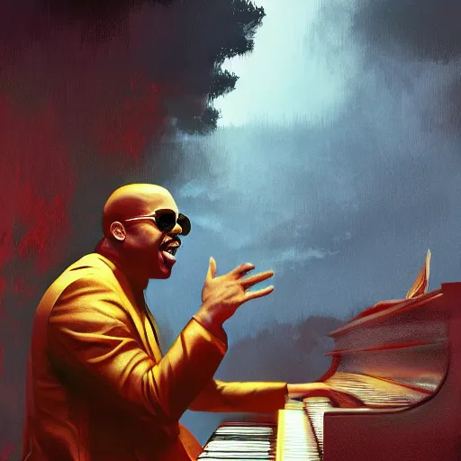 Prompt: Stevie Wonder singing on the piano, digital painting, artstation, concept art, Craig Mullins, Breathtaking, 8k resolution, extremely detailed, beautiful, establishing shot, artistic, hyperrealistic, octane render, cinematic lighting, dramatic lighting, masterpiece, light brazen, extremely detailed and beautiful face