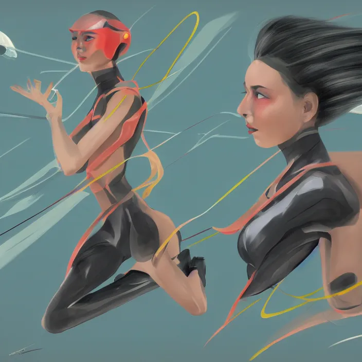 Prompt: slick and aerodynamic hypergirl of the orient, hd, concept art, digital painting, in the style of the italian futurists