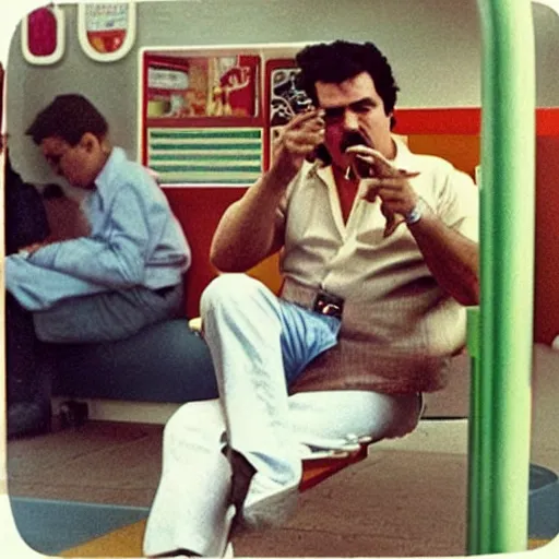 Image similar to Pablo Escobar smoking a joint in the middle of a McDonald’s playplace