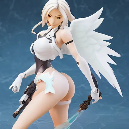 Prompt: still figurine of mercy from overwatch, statue, personification, dynamic pose, amazing details, detailed product photo, official art, featured on pixiv, 8 5 mm, f. 1 4, beautiful composition, anime