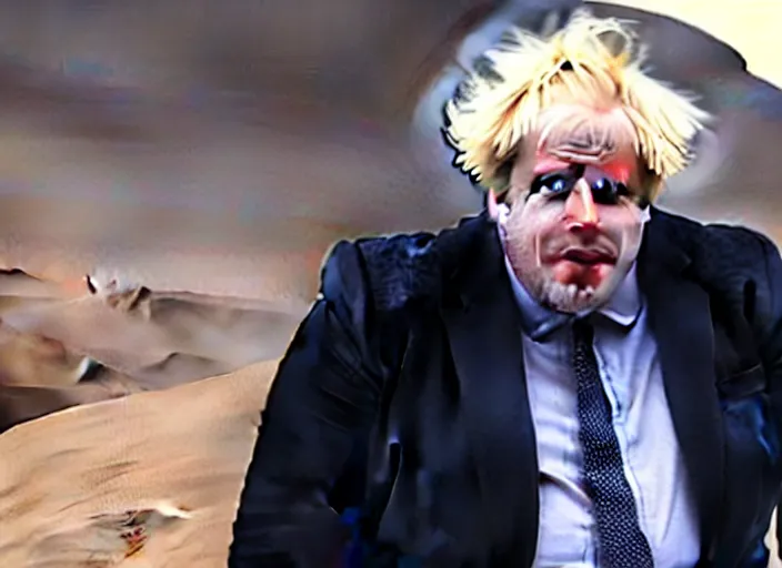 Image similar to boris johnson as baron harkonnen in a black oil bath in a still from the film Dune (2021)