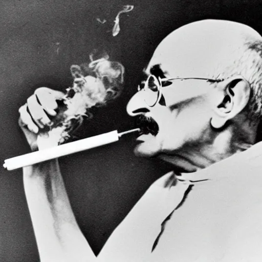 Prompt: Mahatma Gandhi smoking a bong, water pipe, fat cloud, weed, cinematic masterpiece