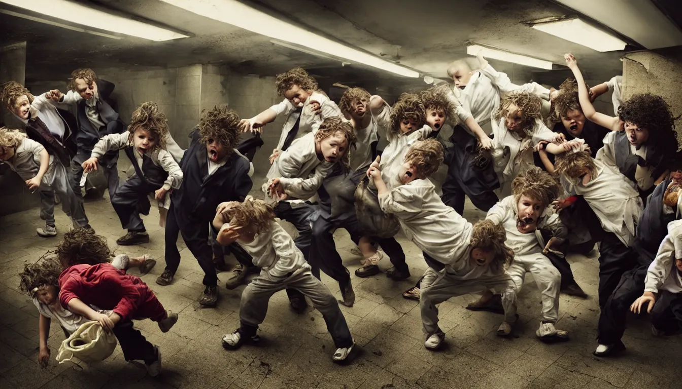 Prompt: disheveled children in rags and obese men in suits fighting in a squalid subway over piles half eaten fast food and money, hyper realistic photo, full colour, upscale, 8 k