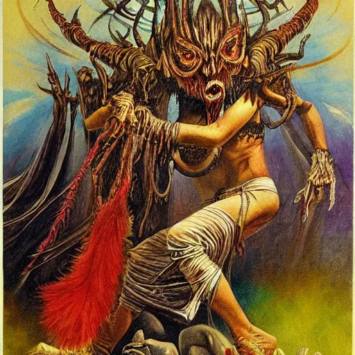 Image similar to the concept of self - loathing, the demon within, airbrush art, shamanic dmt horror art, by edwin austin abbey