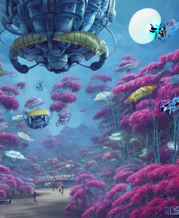 Image similar to an amusement park made out of seamless alien isopod dragonflies, in the style of an aerodynamic robot, overgrown with puffy orchids, partly cloudy, somber, dramatic lighting, by dan mumford, yusuke murata, makoto shinkai, ross tran, cinematic, unreal engine, cel shaded, featured on artstation, pixiv