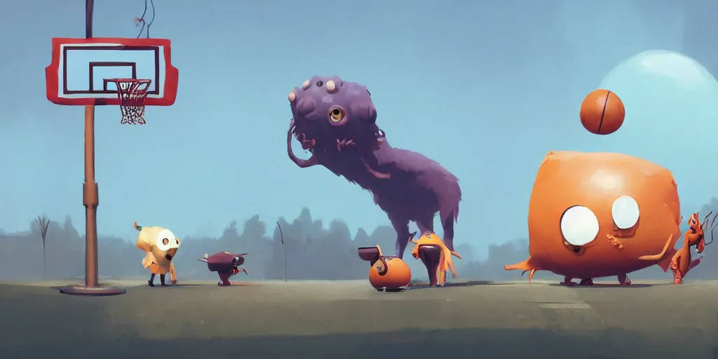 Image similar to cute monster playing basketball by Goro Fujita and Simon Stalenhag , 8k, trending on artstation, hyper detailed, cinematic