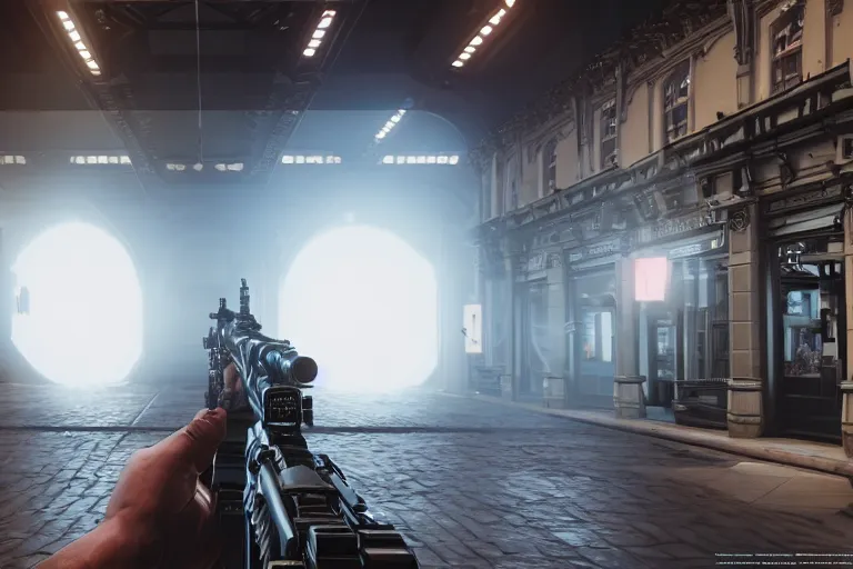 Prompt: first person point of view of a gunner on a victorian shopping mall, cinematic lightning, ray tracing, unreal engine 5, photorealistic, 8 k, uhd, 4 k, call of duty game concept, extremely detailed, beautiful, elegant, intricate, foggy, in - game footage