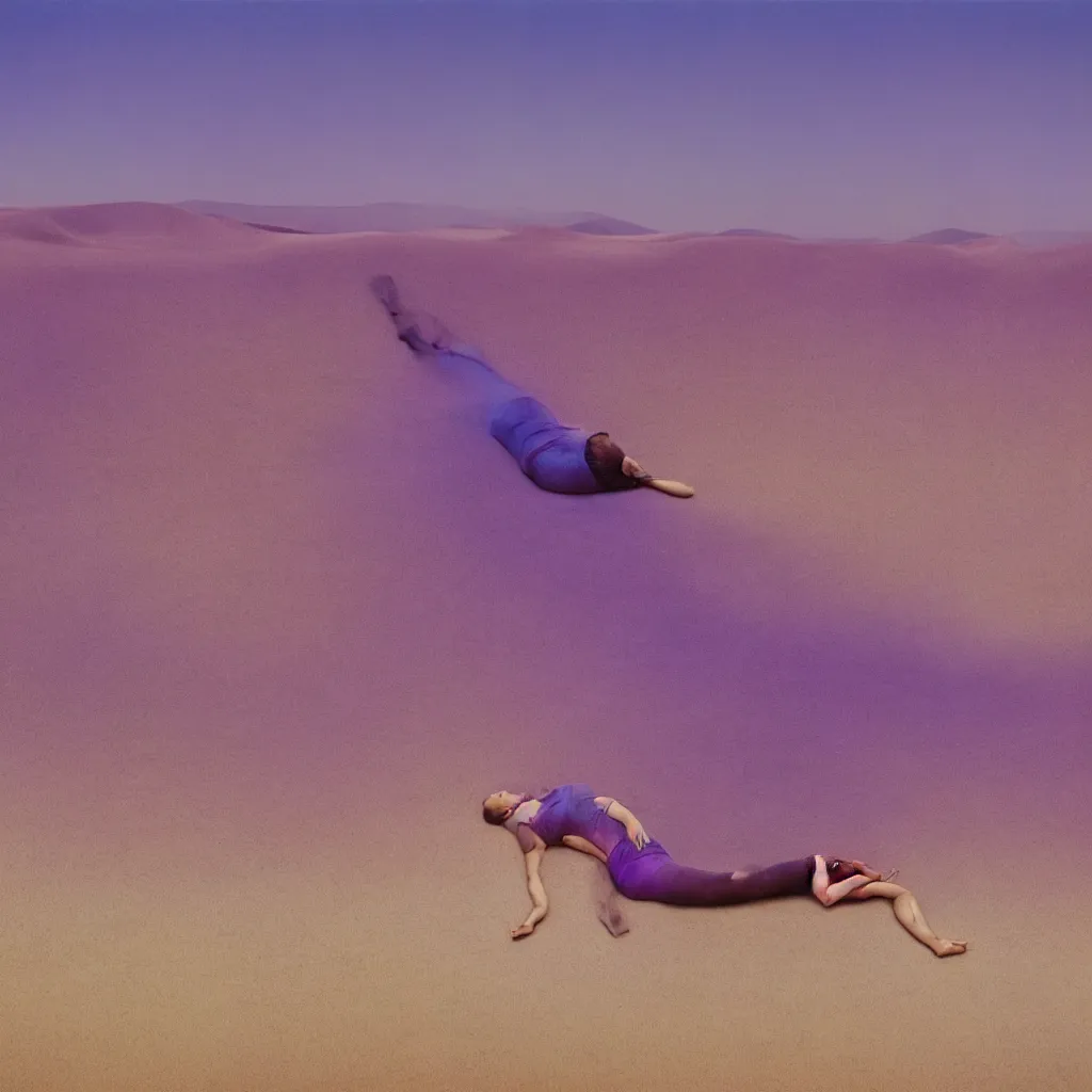 Image similar to cinestill medium view of iridiscent oil spill in desert dunes of sand tempest with women corpses connected by cables and computers to wax forms to a buried baby relaxing on yoga mat, faded, purple gradient, dust, purple fog, depth of field, by werner herzog, hans bellmer and nadav kander, 8 k, sad atmosphere, cinematic