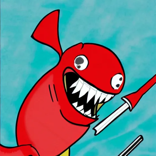 Image similar to red cartoon shark wielding a red samurai sword