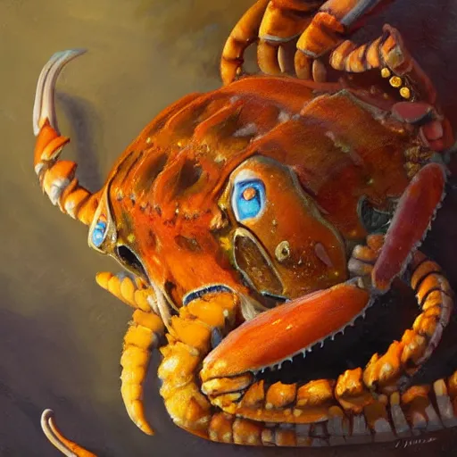 Image similar to tiger - crab creature, oil painting by justin gerard, deviantart