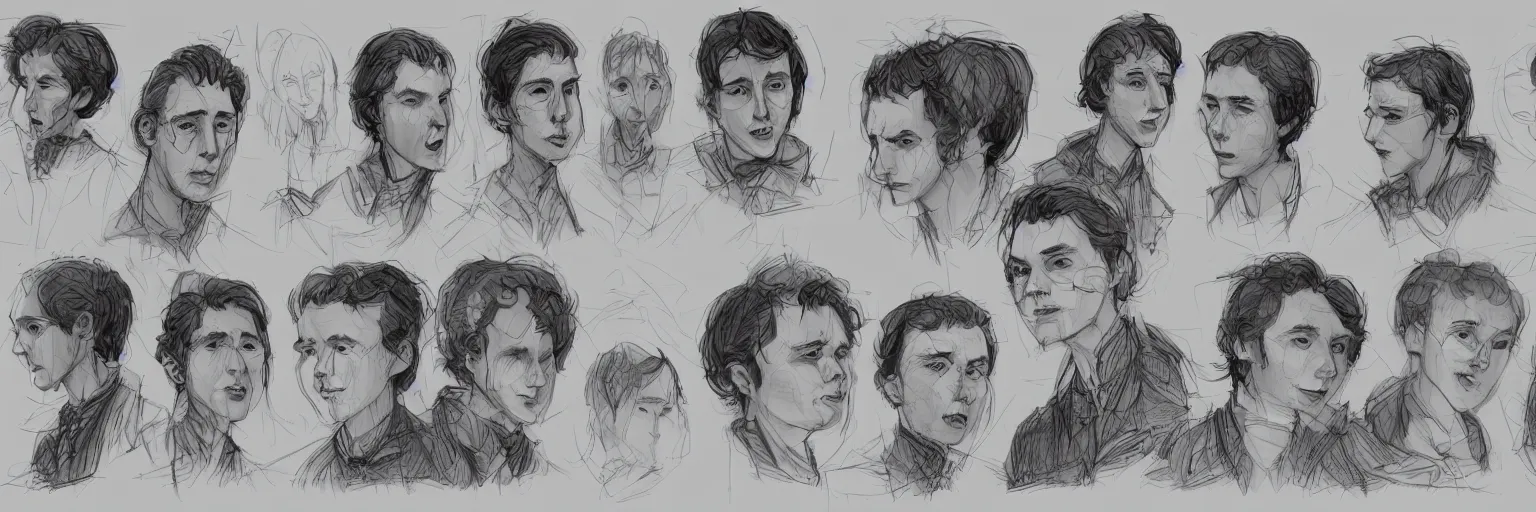 Image similar to character study of julian lage and paul dano, clear faces, wild, crazy, character sheet, fine details, concept design, contrast, kim jung gi, pixar and da vinci, trending on artstation, 8 k, full body and head, turnaround, front view, back view, ultra wide angle