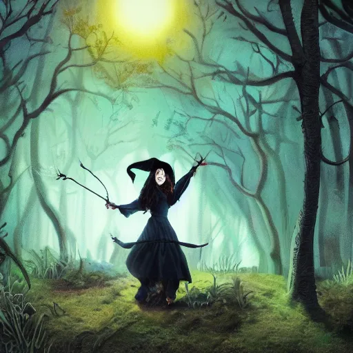 Prompt: an image of a witch performing a spell in a forest glade during the full moon, ambient lighting, concept art