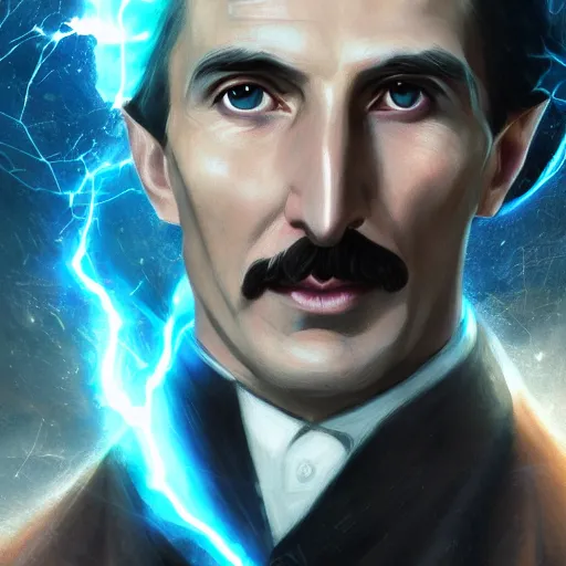 Image similar to portrait of nikola tesla as zeus, league of legends amazing splashscreen artwork, fantasy, splash art, natural light, elegant, photorealistic facial features, intricate, fantasy, detailed face, atmospheric lighting, anamorphic lens flare, cinematic lighting, league of legends splash art, hd wallpaper, ultra high details by greg rutkowski