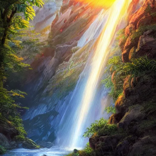 Prompt: beautiful waterfall between lush mountains in the sunset casting rays of light, highly detailed, sharp focus, artgerm, cgsociety