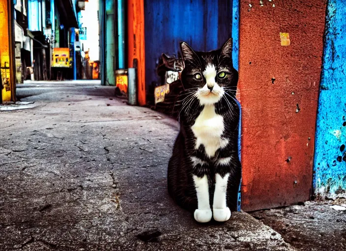 Image similar to photography of a Cat sitting on a box. in a cyberpunk street, award winning photo, saturated, colored, colors, 100mm, sharp, high res