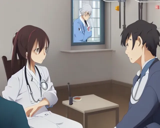 Image similar to a cute and beautiful young female doctor wearing white coat are talking with an old professor in a hospital, slice of life anime, lighting, anime scenery by Makoto shinkai