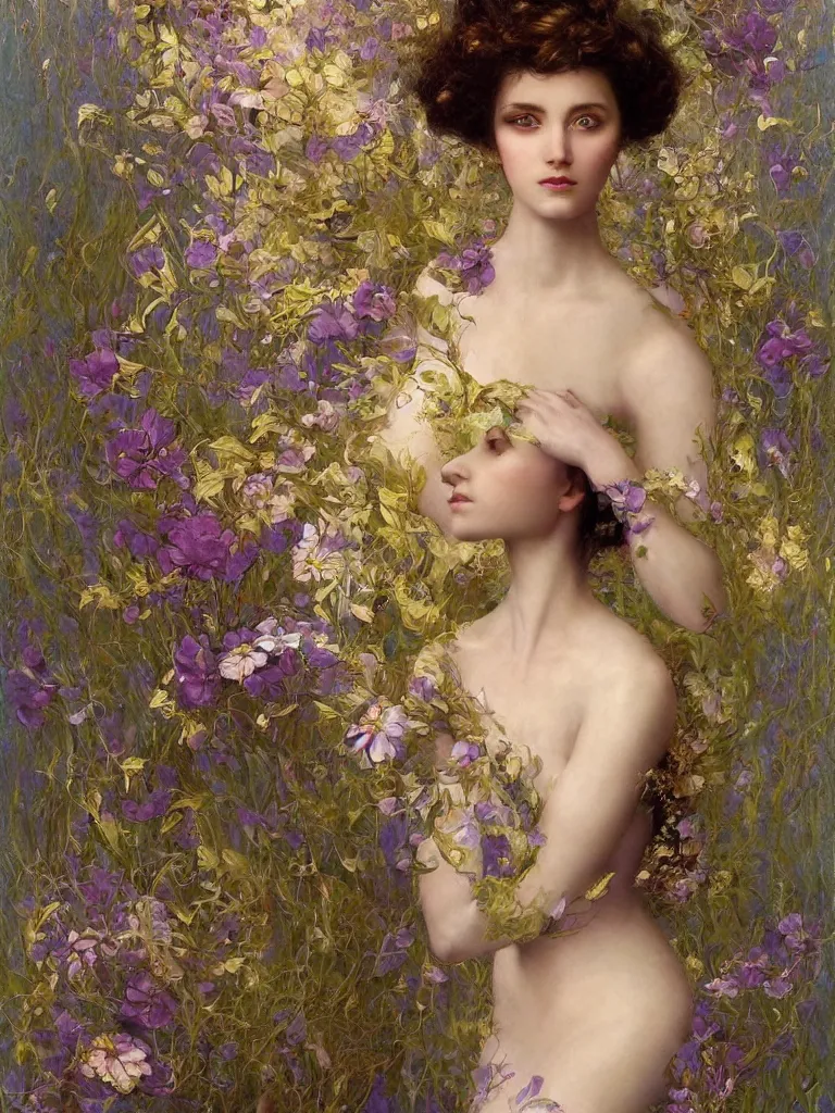 Image similar to a digital painting of a young beautiful woman, surrounded by flowers, dark pastel color scheme, jugendstil background, gold filigree, by karol bak, by emil melmoth, by Daniel Gerhartz, trending on artstation