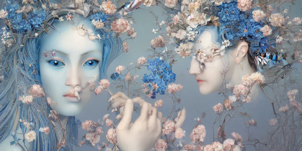 Image similar to breathtaking detailed concept art painting art deco pattern of blonde faces goddesses amalmation light - blue flowers with anxious piercing eyes and blend of flowers and birds, by hsiao - ron cheng and john james audubon, bizarre compositions, exquisite detail, extremely moody lighting, 8 k