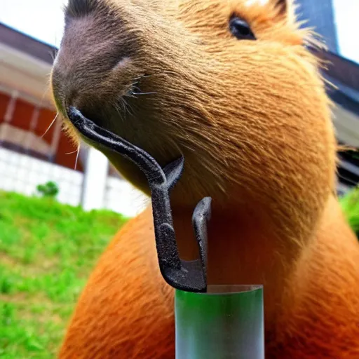 Image similar to an accurate capybara wearing a business suit and smoking a cigar in his mouth