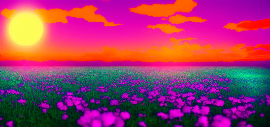 Image similar to an impossible field of beautiful neon colored flowers with a beautiful sunset, vaporwave