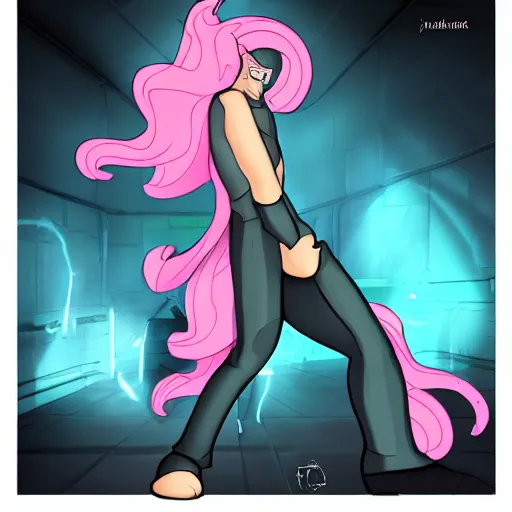 Image similar to man in the process of morphing into Pinkie Pie from My Little Pony, man turning into pony, standing on all fours, trending on artstation, coherent body, high contrast,