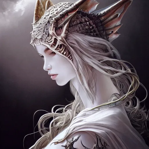 Image similar to a photograpic portrait of a anthropomorphic dragon wearing white clothes, fantasy, intricate, elegant, highly detailed, digital painting, artstation, concept art, smooth, sharp focus, illustration, art by artgerm and H R Giger and alphonse mucha