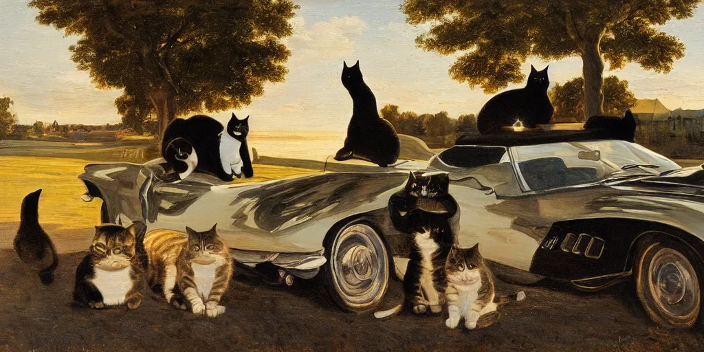 Image similar to corvette with cats sitting in and on the car, old dutch painting, golden hour, shadows, wide shot