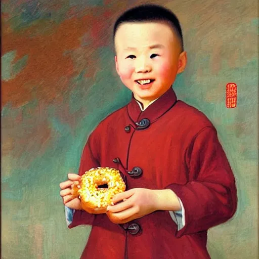 Image similar to bald chinese boy holding a donut, impressionist painting art