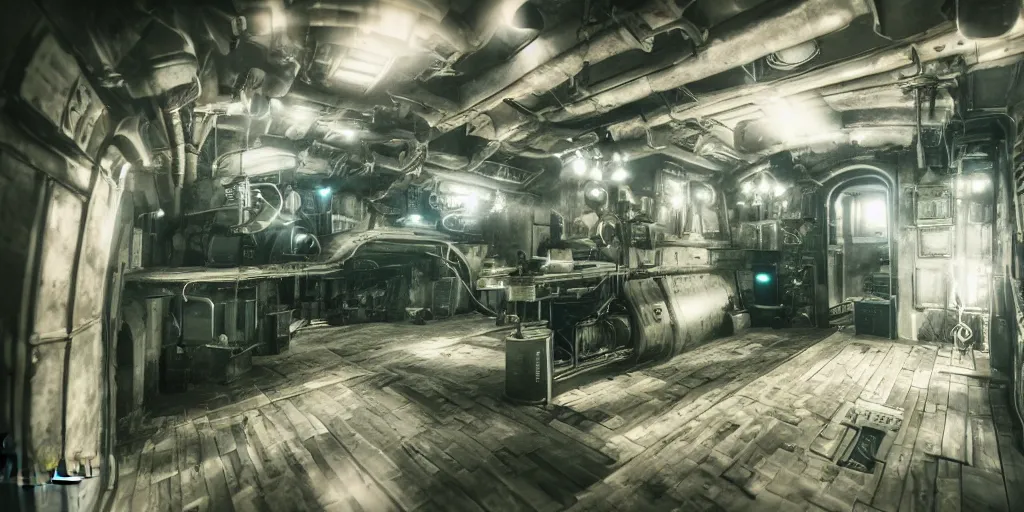 Image similar to photograph of a dieselpunk submarine interior set design, cinematic lighting, haze, arri alexa, anamorphic bokeh, 4 k, graded with davinci resolve